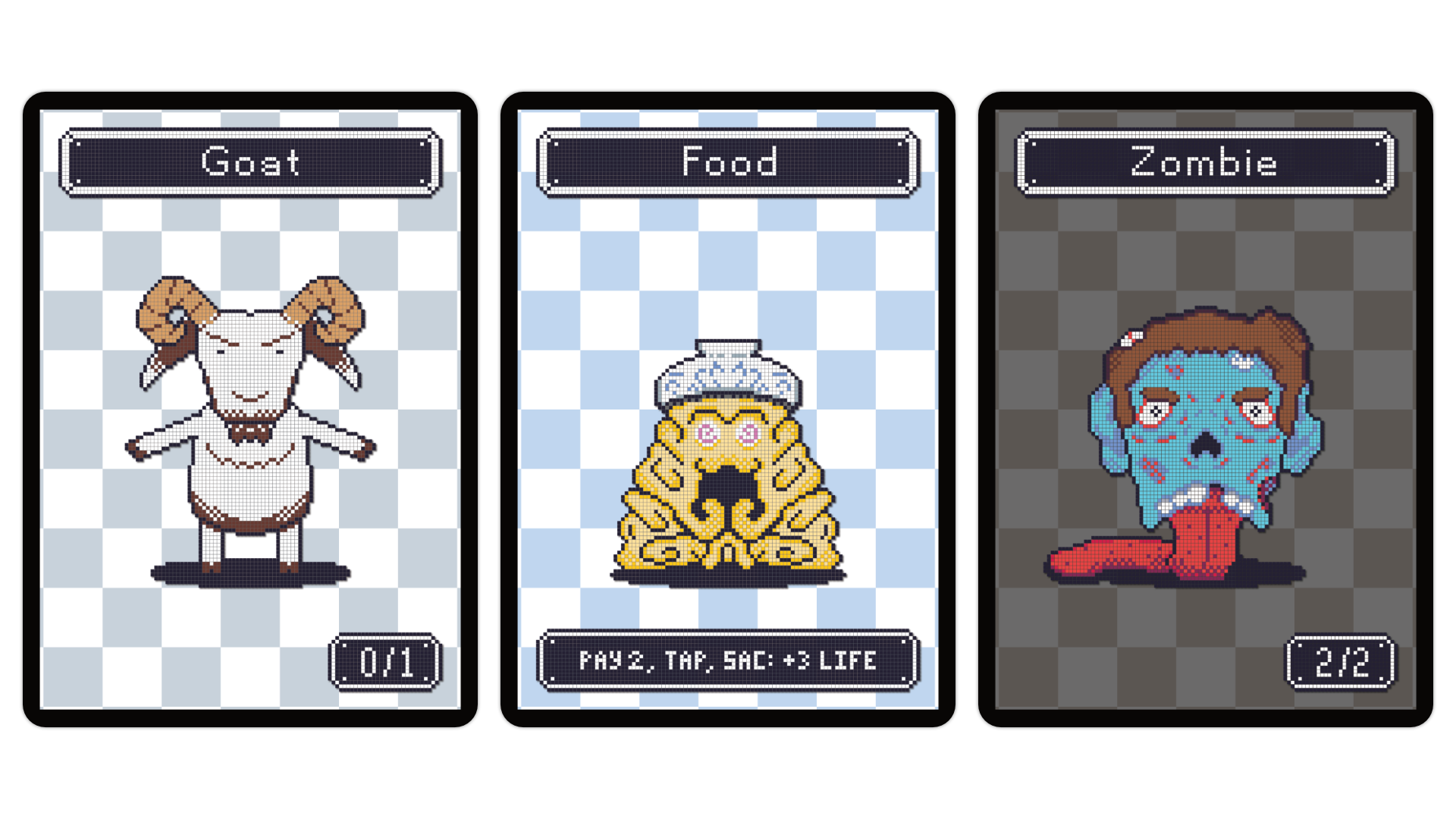 Pixel creatures: goat, ramen monster, and zombie