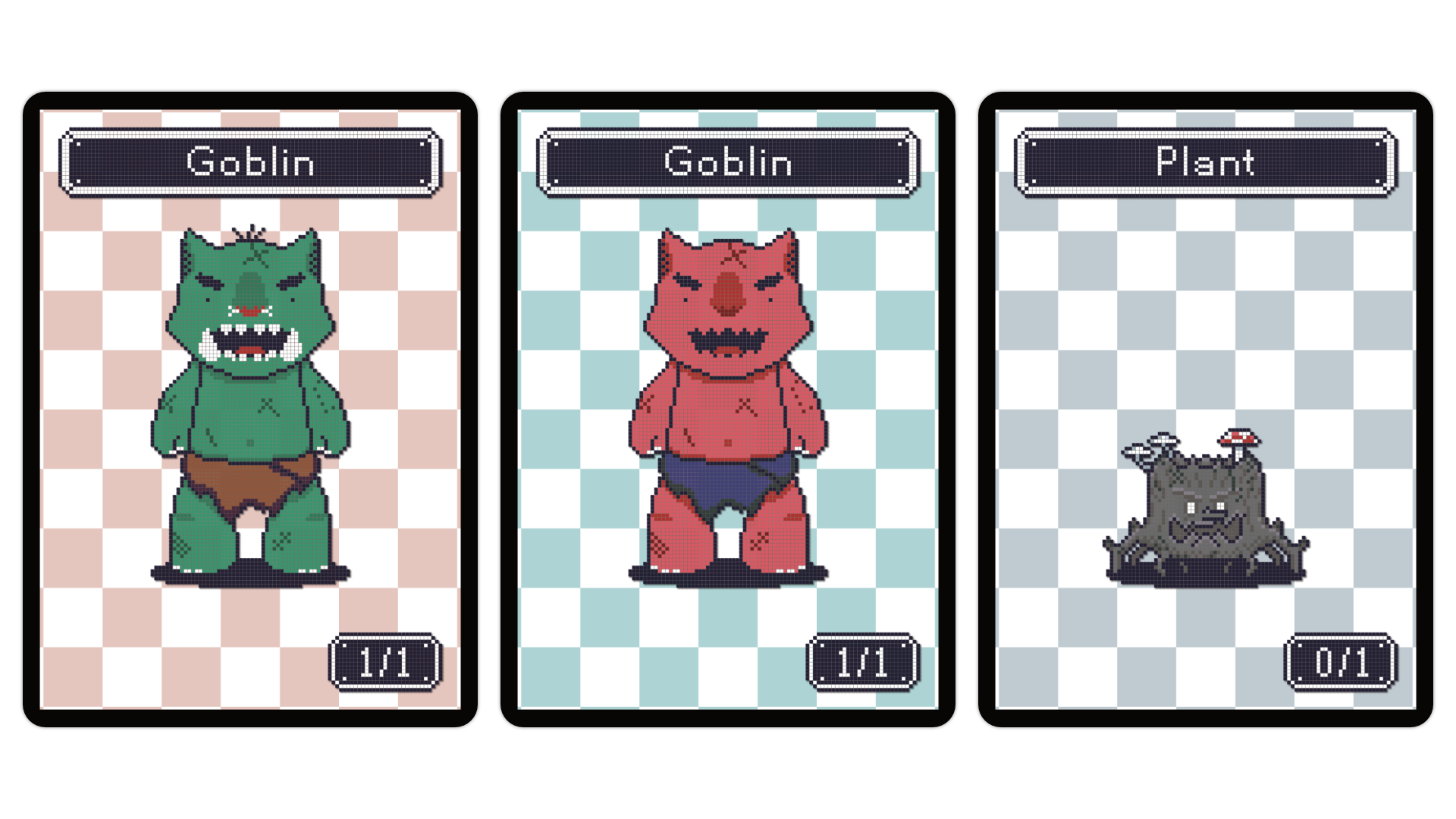 Pixel creatures: goblin, goblin, tree stump